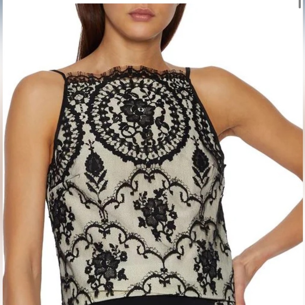 Myla Lace Overlay High-Neck Tank Top - Black & Cream